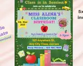 Kindergarten Birthday Invitation Editable, Classroom Teacher Party Invite, ABC Alphabet Chalkboard Digital Template, Instant Download, 5x7