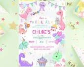 Dinosaur Birthday Invitation – Custom Dino Girl Party Invite, Printable Birthday Invite, Digital Download, Instant Dowlonad, Canva Template