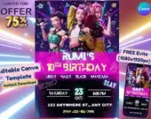 K-Pop Demon Hunters Birthday Invitation – Editable Canva Template, 5x7 Digital Download, Anime K-Pop Party Invite for Kids & Teens