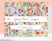 Spring Floral Digital Paper | 12 Watercolor Sublimation Backgrounds | 22x22in | Commercial Use | Flower Designs