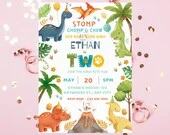 Dinosaur 2nd Birthday Invitation Template,Two-Rex Party Invite,Boy Dinosaur Birthday Party,Instant Download,Canva Template,EDITABLE,boy dino