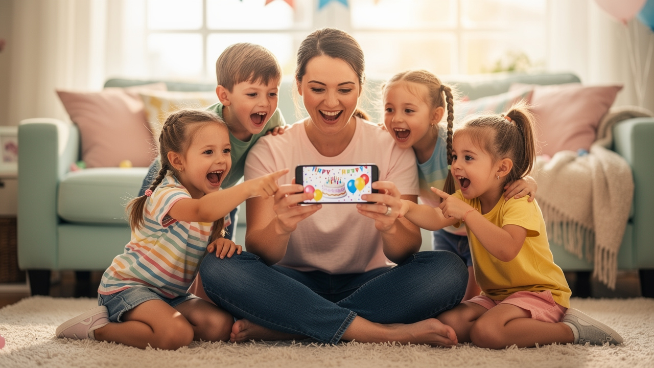 Excited children viewing birthday party invitation on phone