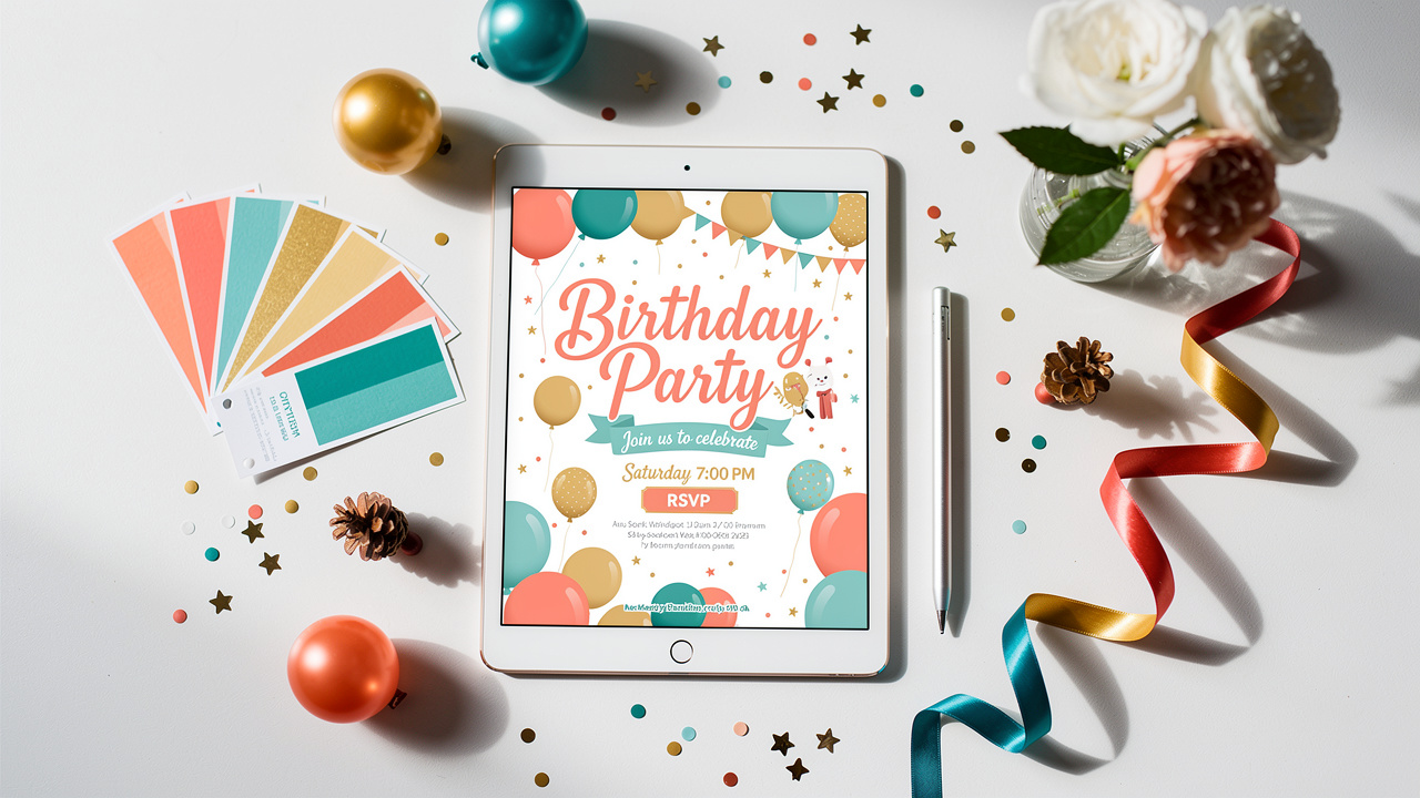 Colorful birthday invitation design displayed on tablet