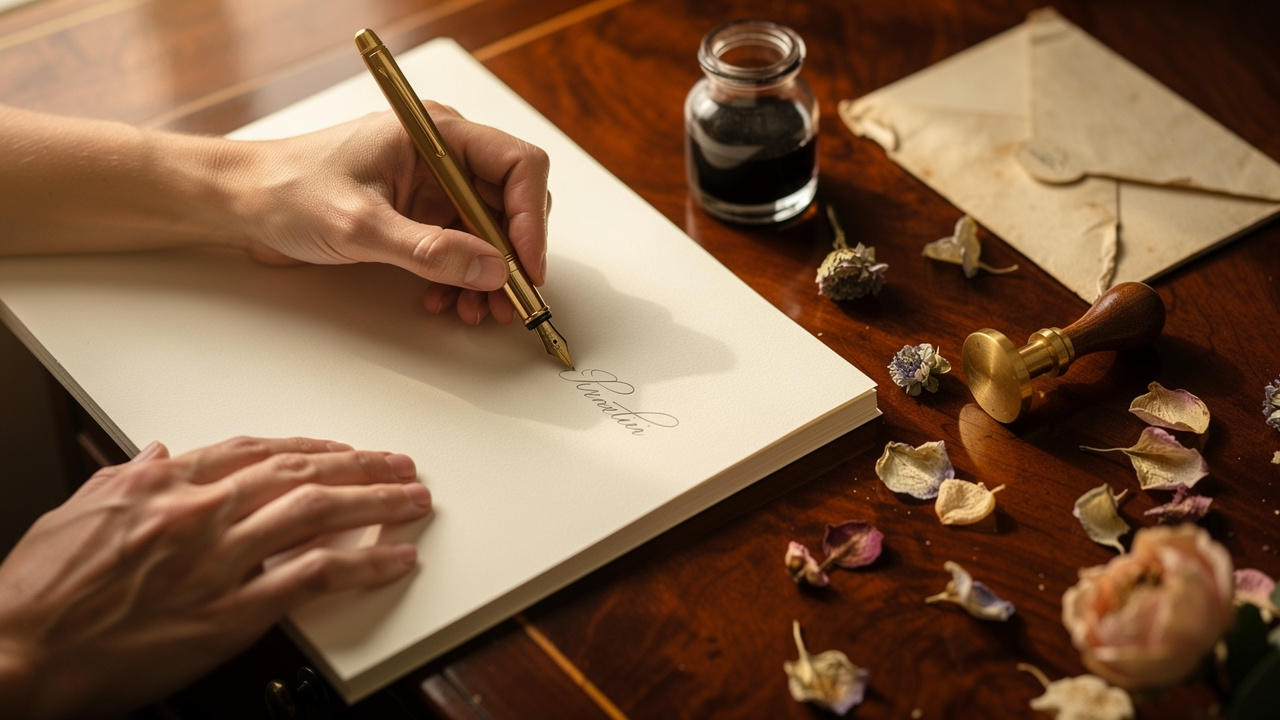 Hands writing a 50th birthday invitation with fountain pen