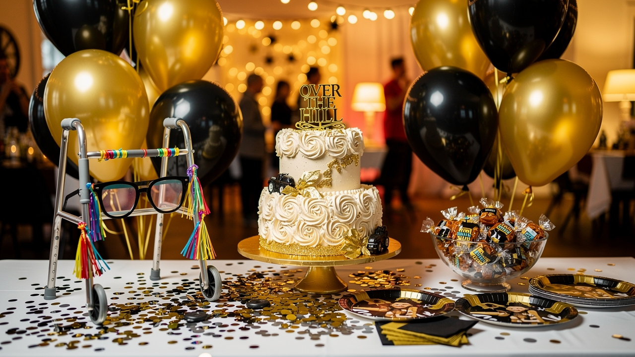 Humorous over the hill 50th birthday party table decor
