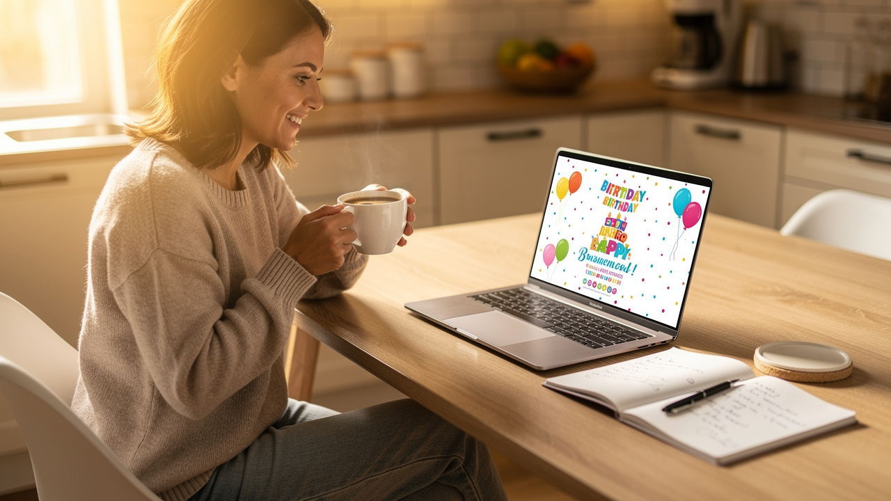 Parent designing digital birthday invitation on laptop