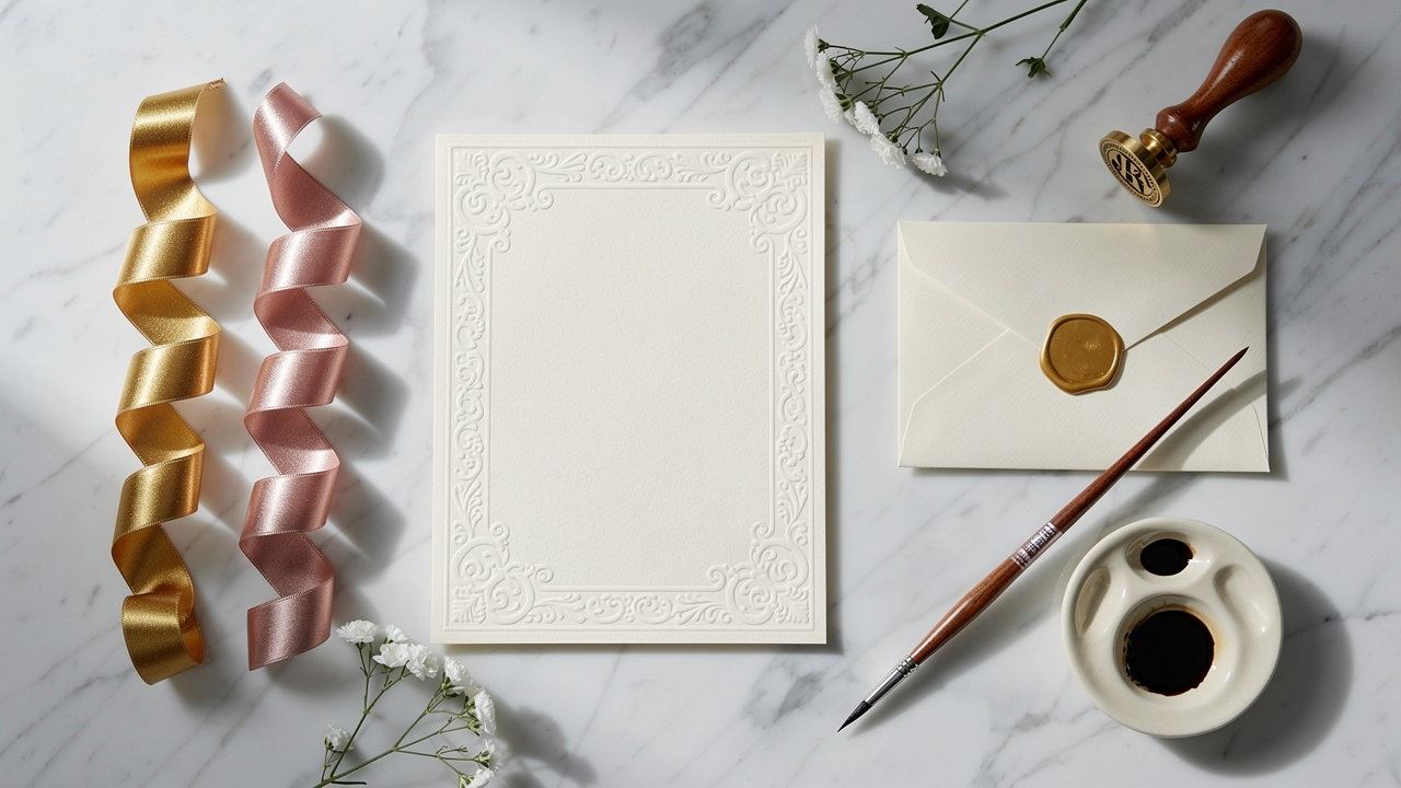 Personalized birthday invitation design materials on marble desk
