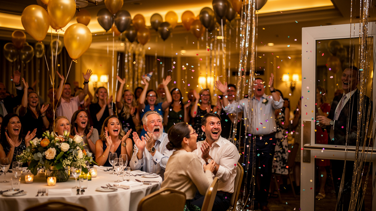 Surprised guests cheering at 50th birthday surprise party