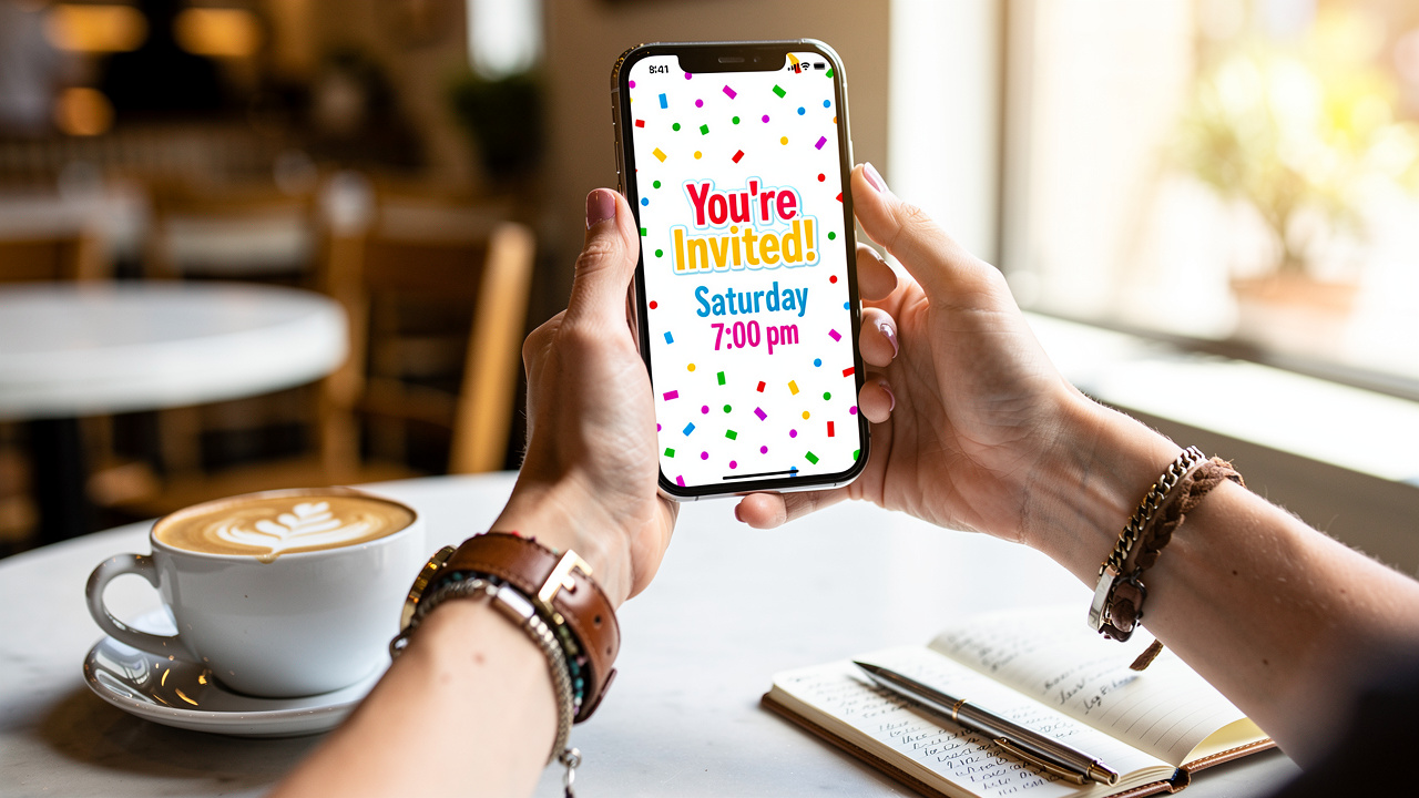 Woman sending digital party invitation on smartphone
