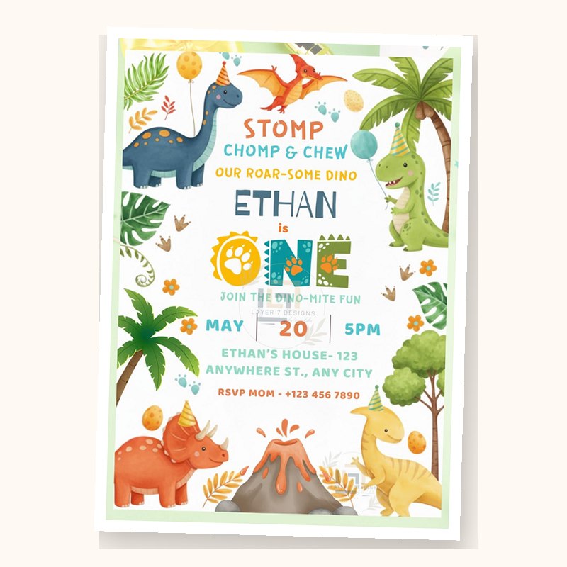 Dinosaur 1st Birthday Invite, an editable printable from Layer7 Designs