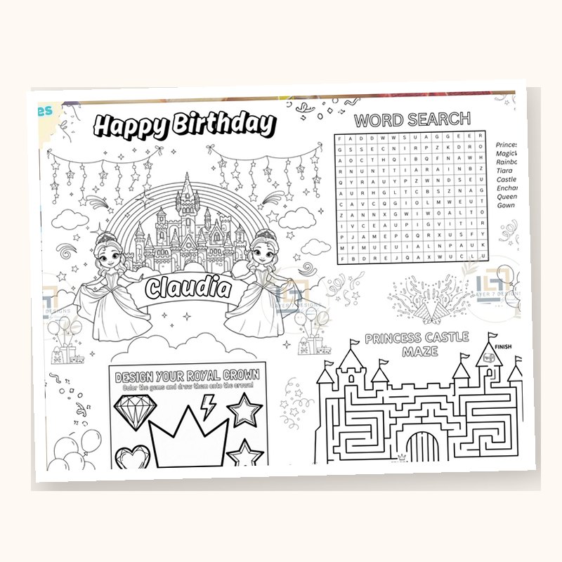 Princess Activity Placemat, an editable printable from Layer7 Designs