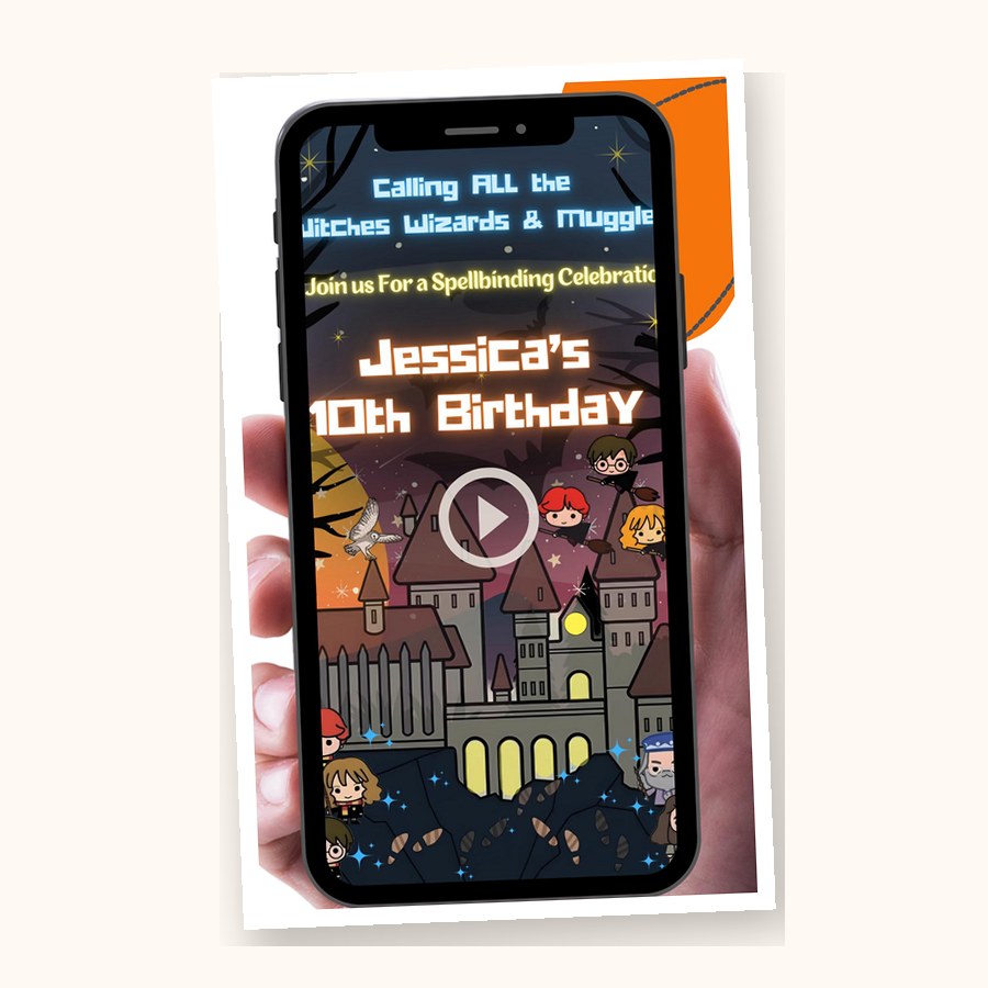 A wizard-themed animated video invitation playing on a phone