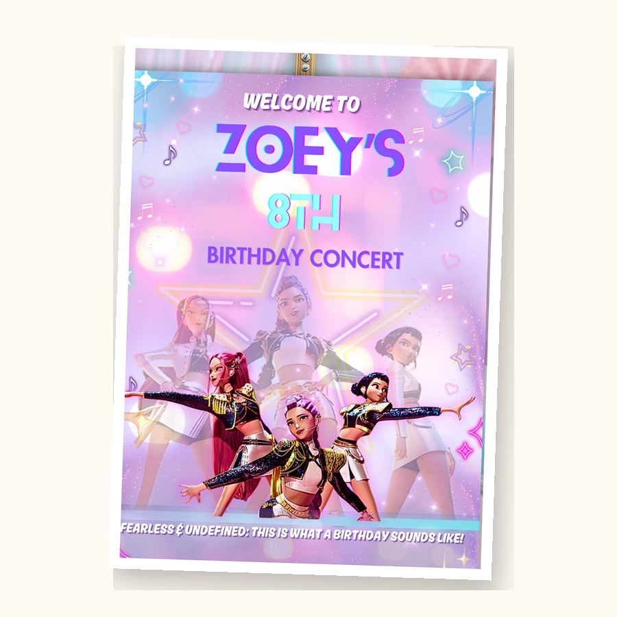 A K-pop themed birthday welcome sign on an easel