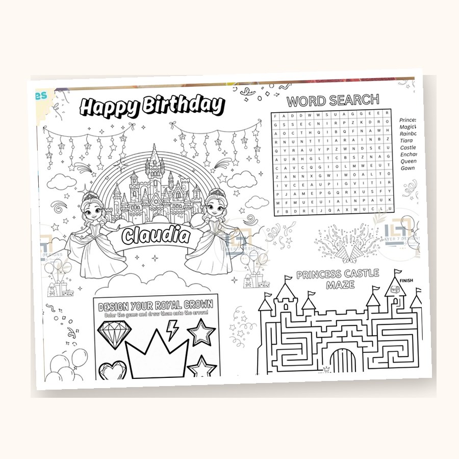 A princess party activity placemat with a word search and maze