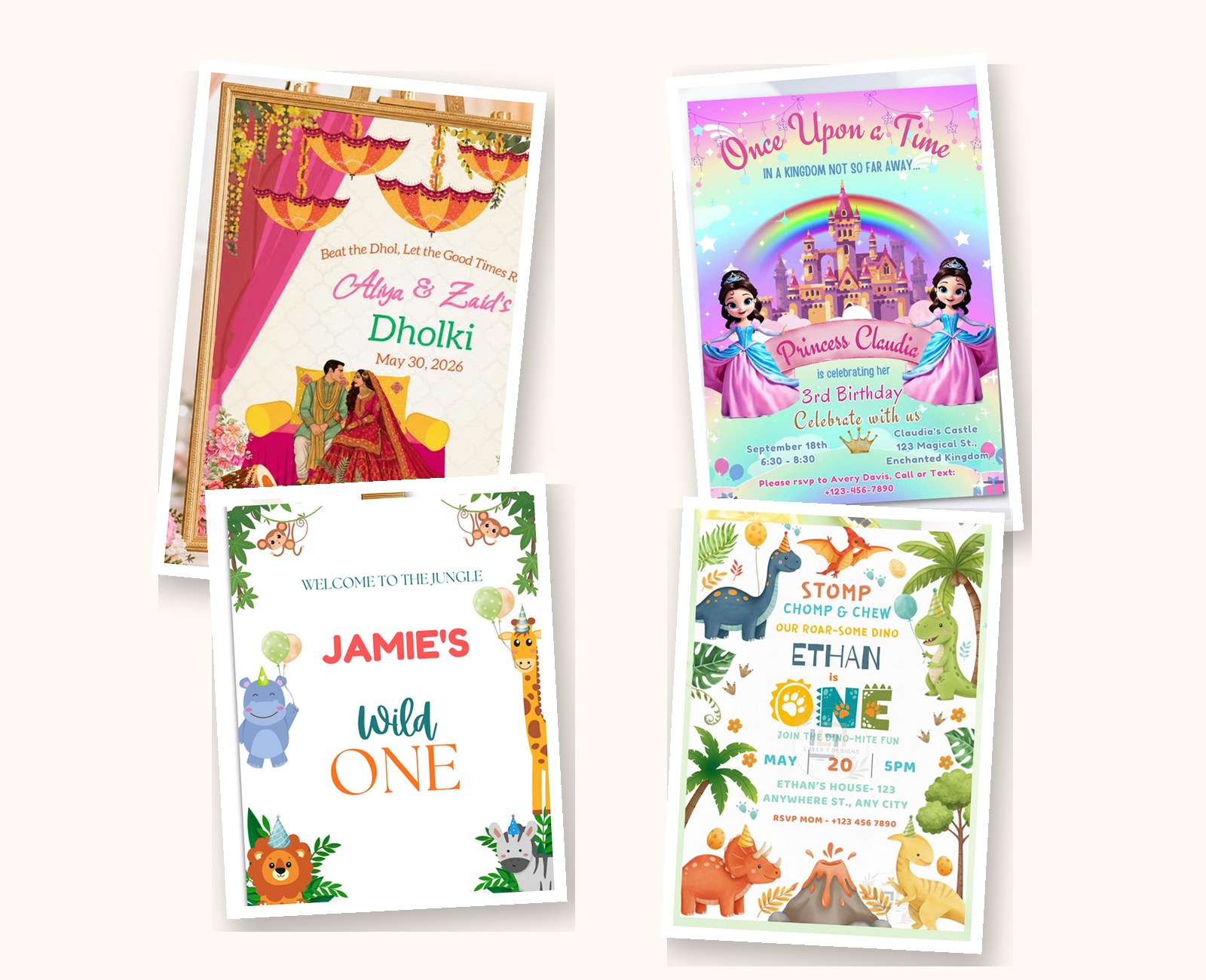 A Dholki welcome sign, a princess birthday invitation, a Wild One safari welcome sign and a dinosaur first birthday invitation, laid out like stationery on a desk