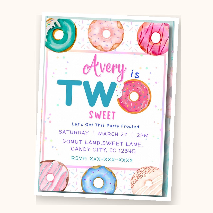 A donut-themed second birthday invitation