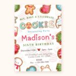 Cookie decorating party birthday invitation with illustrated gingerbread, stocking and snowman cookies, reading Mix, Bake and Celebrate, Cookie Decorating Party