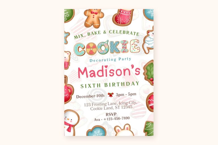 Cookie decorating party birthday invitation with illustrated gingerbread, stocking and snowman cookies, reading Mix, Bake and Celebrate, Cookie Decorating Party