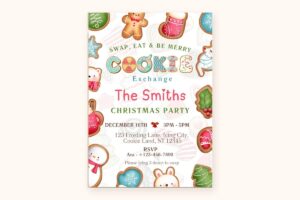 Christmas cookie exchange invitation with illustrated gingerbread man, snowman and sweater cookies, reading Swap, Eat and Be Merry Cookie Exchange